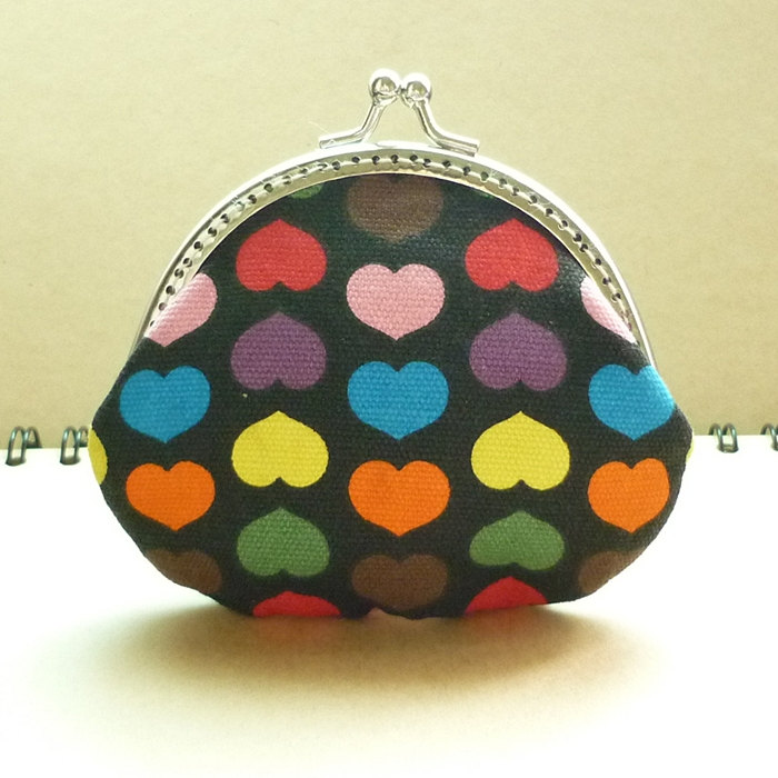 Small Metal Frame Black Pouch - Colorful Heart - Framed Coin Purse - Purse Frame - Gift under 20