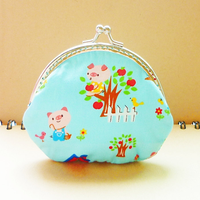 Small Metal Frame Blue Pouch Bag - Little Pig And Fox - Framed Coin Purse - Purse Frame - Gift Under 20